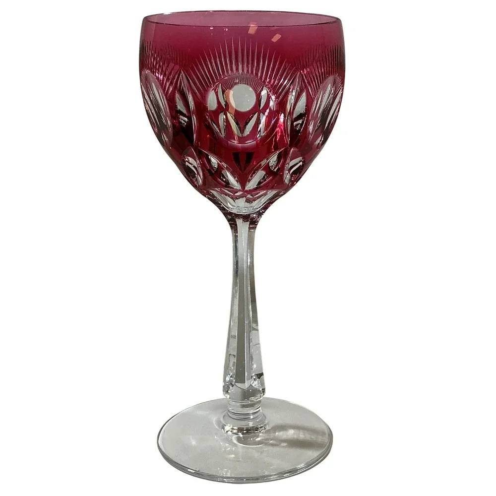 Vintage Cranberry Cut to Clear Crystal Wine Goblet Ruby Red Faceted Stem 7.75